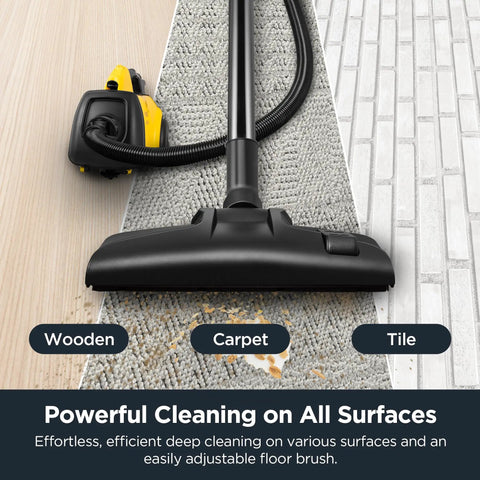 Lightweight Canister Vacuum Cleaner With Hella Powerful 1200 Watt Suction For Carpets Hard Floors And Stairs Comes With Five Dust Bags For Zero Sweat Whole House Cleanup Moves Smooth Yellow on wooden, carpet, and tile surfaces.