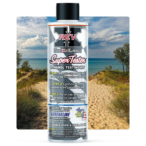 Front view of a white plastic REV Xoil Super Tester ethanol testing kit bottle with a black cap