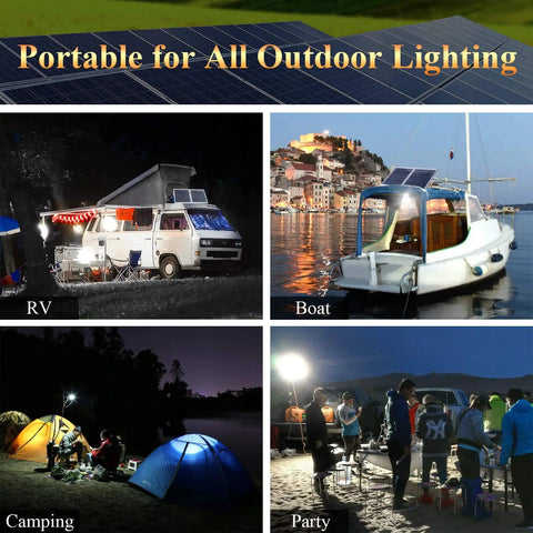 All In One Indoor Solar Lights Kit With Four LED Bulbs, 30W Solar Panel, 115Wh Backup Battery in use for RV, boat, camping, party