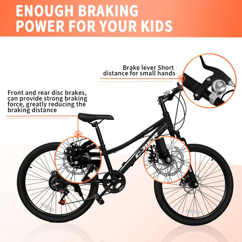 Kids Mountain Bike 20 And 24 Inch For Ages 6 To 12, 7 Speed Drivetrain, Suspension Fork, Dual Disc Brakes, Anti Slip Butyl Tires