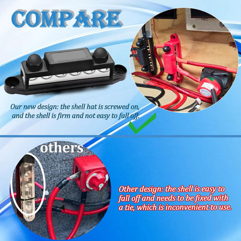 Heavy Duty 250A Bus Bar 12V Marine And Car Power Distribution Block comparison image highlighting design differences.