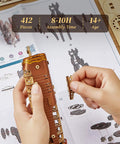 Hands assembling the Steampunk Airship 3D Wooden Puzzle Kit for Adults and Teens DIY Voyage Model, showing detailed parts and instructions.