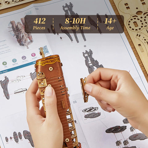 Hands assembling the Steampunk Airship 3D Wooden Puzzle Kit for Adults and Teens DIY Voyage Model, showing detailed parts and instructions.