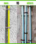 Comparison of gray PVC pipe strap clamp kit vs other clamps shown on a wall, highlighting rust resistance and smooth surface features.
