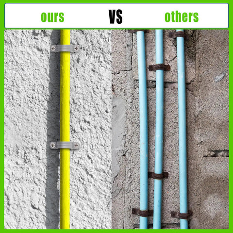 Comparison of gray PVC pipe strap clamp kit vs other clamps shown on a wall, highlighting rust resistance and smooth surface features.