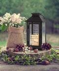 Memorial Lantern For Loss Of A Loved One, Bereavement Gift In Memory Of Mom Or Dad with flowers on a wooden table outdoors