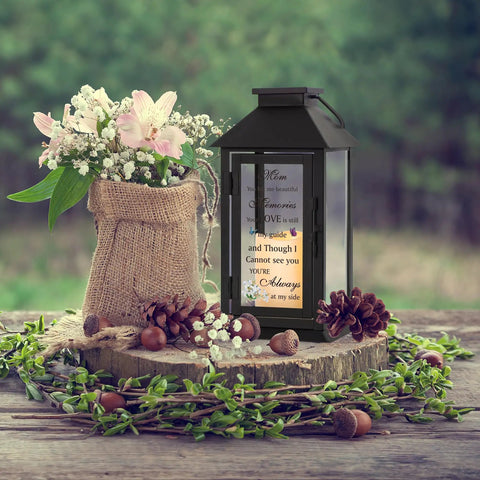 Memorial Lantern For Loss Of A Loved One, Bereavement Gift In Memory Of Mom Or Dad with flowers on a wooden table outdoors