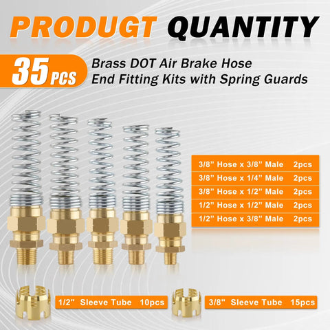 Brass DOT Air Brake Hose End Fitting Kit 35-Piece Set With Five Male Connectors And Spring Guard
