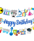 Blue Science Birthday Party Banner Set With Chemistry Lab Elements Garlands Featuring Test Tubes DNA Strands Microscope And Periodic Table Decor