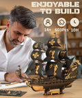 Man assembling Seahorse Barque 3D Wooden Puzzle for Adults, Sailboat Model Kit with 603 Piece DIY Build.