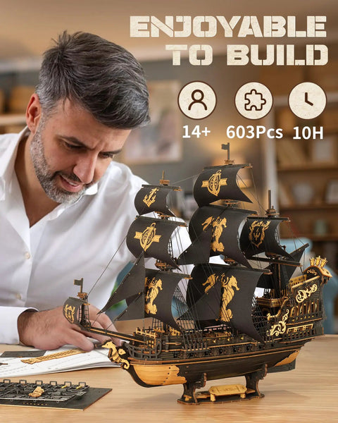 Man assembling Seahorse Barque 3D Wooden Puzzle for Adults, Sailboat Model Kit with 603 Piece DIY Build.