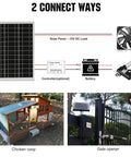 Diagram showing connection setup of a 25W 18V Monocrystalline Solar Panel Waterproof For Charging 12V Batteries in chicken coop and gate opener.