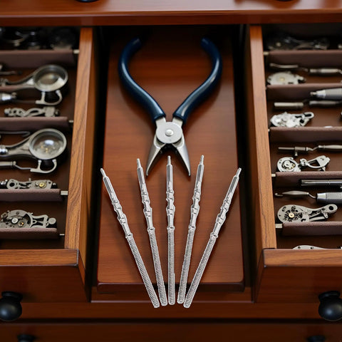 5 Piece Silver Movement Watch Stem Crown Kit For NH Series Movements NH35 NH36 NH38 NH39 on wooden desk with tools.