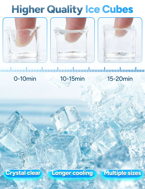 Countertop Ice Maker With 45 Lbs Per Day Output And Self Priming Water Supply Delivers Crystal Clear Ice Cubes, various sizes shown.