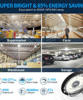 Tunable 150W 180W 200W UFO LED High Bay Light With 30,000 Lumens illuminating various spaces like supermarkets and warehouses.