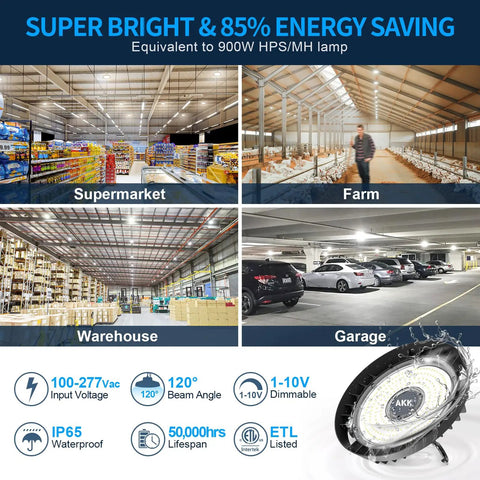 Tunable 150W 180W 200W UFO LED High Bay Light With 30,000 Lumens illuminating various spaces like supermarkets and warehouses.