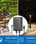 All In One Low Voltage Landscape Lighting Kit With 8 Pathway Lights 60W Transformer 100 Ft Wire 3000K Warm White Outdoor Garden Walkway Lighting Easy Install Complete Bundle For Yard Patio, showing dusk-to-dawn and countdown timer features.
