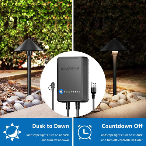 All In One Low Voltage Landscape Lighting Kit With 8 Pathway Lights 60W Transformer 100 Ft Wire 3000K Warm White Outdoor Garden Walkway Lighting Easy Install Complete Bundle For Yard Patio, showing dusk-to-dawn and countdown timer features.