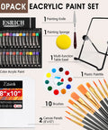 Complete Acrylic Paint Set For Newbies And Pros With 24 Vivid Colors, Two 8x10 Canvas Panels, 10 Brushes, Palette, Knife, Sponges, Metal Table Easel, Premium Painting Supplies Kit displayed with components