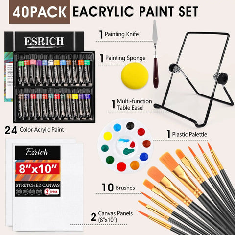 Complete Acrylic Paint Set For Newbies And Pros With 24 Vivid Colors, Two 8x10 Canvas Panels, 10 Brushes, Palette, Knife, Sponges, Metal Table Easel, Premium Painting Supplies Kit displayed with components