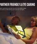 Couple using Rechargeable 5X LED Page Magnifier With Foldable Stand Eye Care Anti Glare Lens in bed at night for reading.