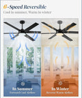Straight Up Quality Cooling Hits Right In The Center With This 60 Inch Ceiling Fan With Light And Remote 6 Speed Operation 6 Blades Year Round Fresh Air Smooth Dimming Three Color Glow Heavy Duty Dc Motor For Covered Patios 6-speed reversible ceiling fan showing airflow directions for summer and winter use.