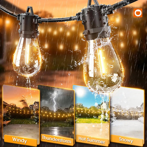 LED Outdoor String Lights 25Ft With Edison Shatterproof Bulbs in rain showcasing weatherproof performance in different climates.