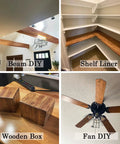 Wood grain peel-and-stick wallpaper used on beams, shelves, boxes, and fan blades for a DIY kitchen remodel.