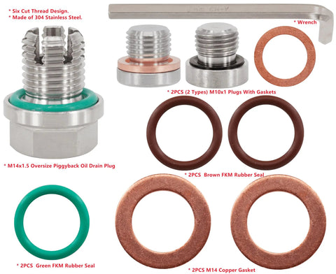 Oversize Piggyback Oil Drain Plug Kit M14.1-1.5 x 15mm with wrench, plugs, FKM seals, and copper gaskets, stainless steel material.