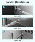 Game Changing Commercial Ice Maker That Smoothly Drops 400 Pounds Daily With Spacious 250 Pound Bin installation steps showing water inlet, drain, and power cord.