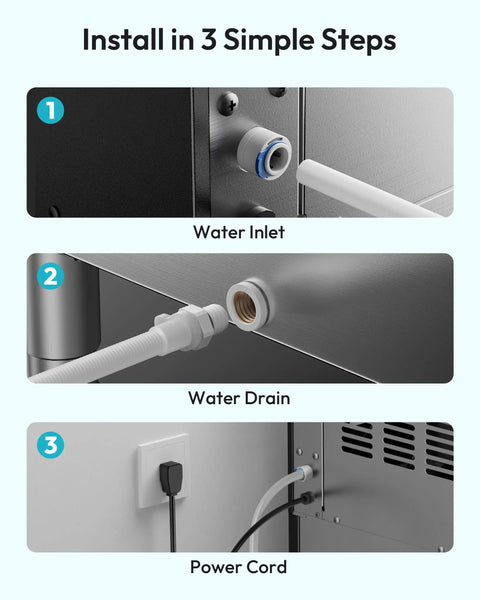 Game Changing Commercial Ice Maker That Smoothly Drops 400 Pounds Daily With Spacious 250 Pound Bin installation steps showing water inlet, drain, and power cord.