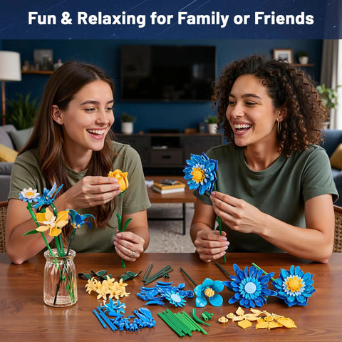 Starry Blooms Flower Bouquet Building Set for Adults Totally Inspired by Van Gogh Starry Night 14 Realistic Flowers Made from 512 ABS Bricks Compatible With Lego Botanicals Creative DIY Decor for Display or Gifting, two women assembling flowers