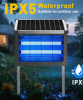 4500V Sun Powered Beast Bug Zapper Outdoors Waterproof Cordless Electric Fly Trap With Half Acre Coverage Rechargeable Battery Portable Mosquito Zapper For Backyard Patio Camping And Indoor Use in a rainy garden setting, emphasizing IPX5 waterproof feature and solar panel on top.