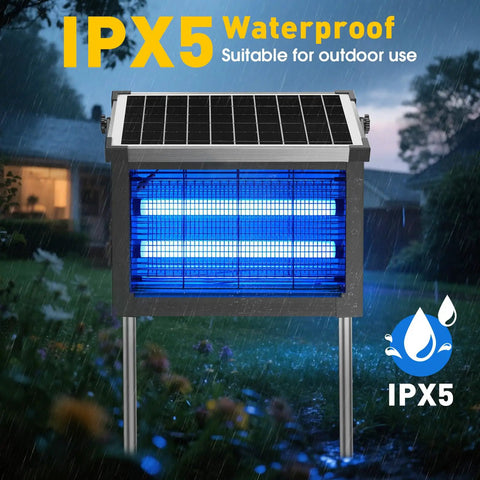 4500V Sun Powered Beast Bug Zapper Outdoors Waterproof Cordless Electric Fly Trap With Half Acre Coverage Rechargeable Battery Portable Mosquito Zapper For Backyard Patio Camping And Indoor Use in a rainy garden setting, emphasizing IPX5 waterproof feature and solar panel on top.
