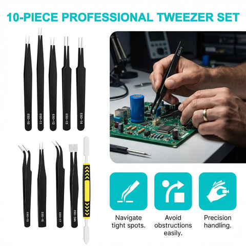 All In One 10 Piece Pro Grade Precision Tweezers Set With Pry Tool, ESD Safe Stainless Steel Kit With Case for electronics repair