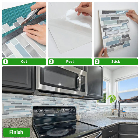 10 Sheet Peel And Stick Tile Backsplash Kit In Vinyl 3D Marble Look showing cutting, peeling, sticking steps in kitchen
