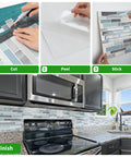 Steps showing how to apply self adhesive kitchen backsplash tiles with marble look for quick kitchen remodel peel and stick 12 by 12 inch sheets ten tiles no grout needed easy install 40 percent more coverage durable cleanable marble finish above stove and sink