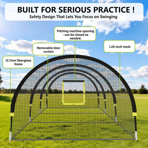 Backyard Baseball Batting Cage With 30ft By 12ft By 8ft Frame Portable Practice Net Featuring Pitching Machine Hole Durable 1.25 Inch Mesh Fiberglass Poles Iron Stakes And Carry Bag For Easy Setup And Realistic Swing Practice