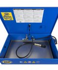 Badass Industrial Parts Washer With Triple Stage Filtration System Keeps Your Degreaser Crisp And Clean Heavy Duty 16 Gauge Steel Shop Workhorse Spring Loaded Lid Grinds Through Gunk Fast Model Pw00270 with open lid and hose.