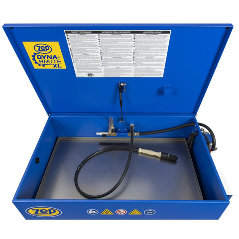 Badass Industrial Parts Washer With Triple Stage Filtration System Keeps Your Degreaser Crisp And Clean Heavy Duty 16 Gauge Steel Shop Workhorse Spring Loaded Lid Grinds Through Gunk Fast Model Pw00270 with open lid and hose.