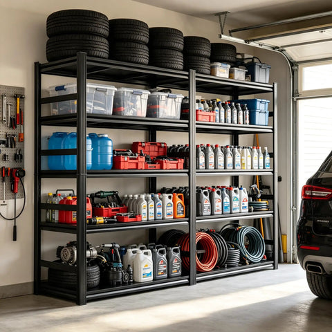 Heavy Duty Garage Shelving System With 3000 Lbs Total Capacity, beefy adjustable metal racks in garage with tires and tools