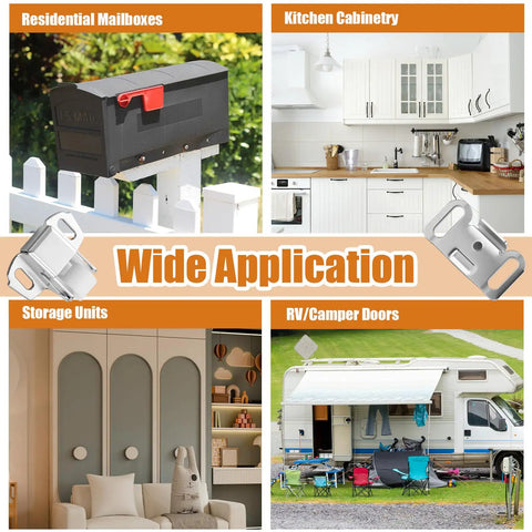 20 Sets Roller Wheel Spring Cabinet Door Catch Latch Kit With Screws For Cabinets Furniture Closets RVs And Mobile Homes Durable Hardware For Easy Install And No Hassle Door Closure showing wide application for mailboxes, kitchens, storage, and RV doors.
