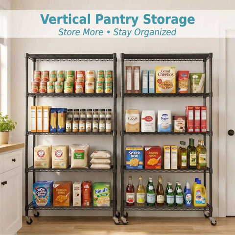 Heavy Duty Five Tier Wire Shelving Cart With Smooth Rollers And Adjustable Metal Storage Racks That Make Organizing A Breeze In Tight Garages Kitchens Or Laundry Rooms 46 By 18 By 74 Inches Black