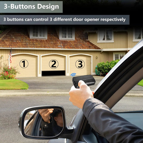 Hand holding All-In-One Universal Garage Door Remote Works With LiftMaster Chamberlain Genie Craftsman Linear Wayne Dalton Overhead Doors Replacement For Learn Button Or Dip Switch 1983 To Current outside garage