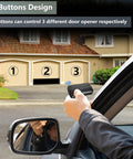Universal Garage Door Remote For Most Openers Two Pack Easy Learn Button Or Dip Switch Setup Long Range Works With LiftMaster Chamberlain Genie Craftsman Linear Overhead Door Wayne Dalton And More shown controlling garage doors