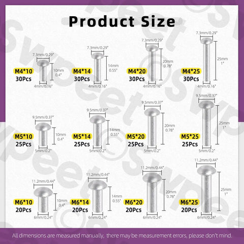 300 Pack Aluminum Rivets Set M4 M5 M6 With 10mm 14mm 20mm 25mm Lengths Brazier Head Solid Aluminum Plain Finish Universal Head Pro Grade Built To Last For Boat Repair Aircraft And Armor Builds size chart showing quantities and dimensions.