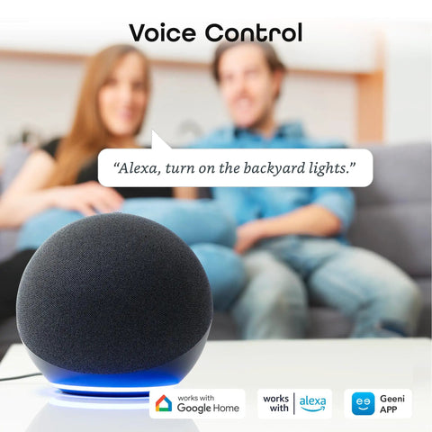 Smart speaker interacting with users, highlighting voice control capabilities with Google Assistant and Alexa compatibility.