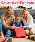 Family opening gift box at party, emphasizing Two Pack Unicorn Themed Kids Camping Lanterns With RGB Multicolor Lights Battery Powered.