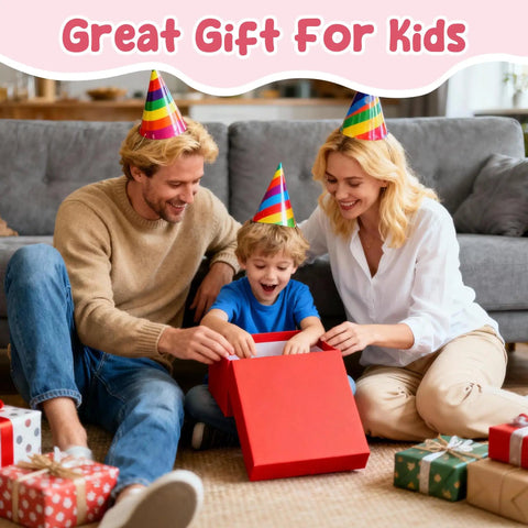 Family opening gift box at party, emphasizing Two Pack Unicorn Themed Kids Camping Lanterns With RGB Multicolor Lights Battery Powered.