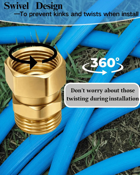 Brass 3/4 GHT Female To 3/4 GHT Male Swivel Adapter For Garden Hoses, 360 Degree Anti Twist Connector, O Ring Seal No Leaks, Pressure Washer Gun Swivel Fitting, Easy To Use, Durable Brass Construction on blue hose